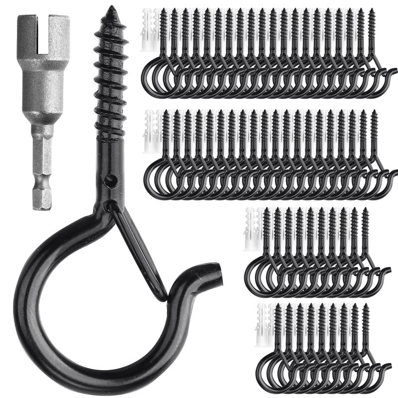 PlusRoc 60 Pack Christmas Light Hooks Outdoor  Q-Hanger Screw Hooks for Plants Decorations  2.2 Inch Black Cup Hook Screw in Hooks Outside Patio Light Hooks  Wall Wood Ceiling Deck Mount - Image 1
